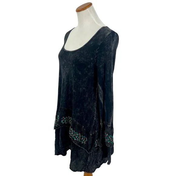 Black Acid Washed Embroidered Tiered Hem Tunic | Whimsigoth Boho Dark Academia M - Picture 6 of 11